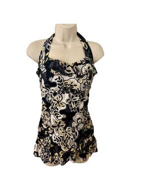 BECCA by Rebecca Virtue Ruffled Retro Pinup Skirted Swimsuit One Piece 0X/14-16